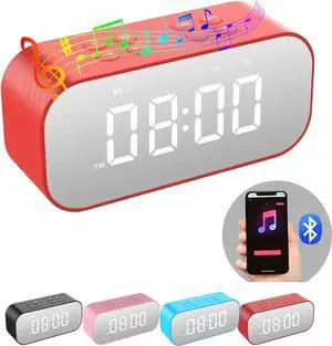 JAENFONG Digital Alarm Clock with Bluetooth Speaker,Desk Clock for Bedroom/Office,Small Table Clock with Dual Alarms,Snooze,Dimmable LED Display,Hands-Free Calling.(12H Format,Red)