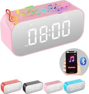 JAENFONG  Digital Alarm Clock with Bluetooth Speaker,Desk Clock for Bedroom/Office,Small Table Clock with Dual Alarms,Snooze,Dimmable LED Display,Hands-Free Calling.(12H Format,Pink)