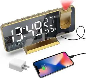 JAENFONG Projection Digital Alarm Clock for Bedrooms,Radio Alarm Clock on Ceiling,USB Charger Port,Temperature Humidity Display,7.3Large Mirror LED Display,12/24H,Snooze,Dual Loud Alarm Clock-4 Dimmer