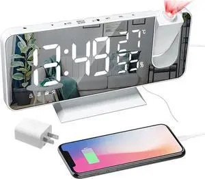 JAENFONG  Projection Digital Alarm Clock for Bedrooms,Radio Alarm Clock on Ceiling,USB Charger Port,Temperature Humidity Display,7.3Large Mirror LED Display,12/24H,Snooze,Dual Loud Alarm Clock-4 Dimme