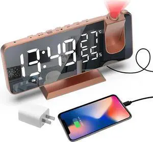 JAENFONG Projection Digital Alarm Clock for Bedrooms,Radio Alarm Clock on Ceiling,USB Charger Port,Temperature Humidity Display,7.3Large Mirror LED Display,12/24H,Snooze,Dual Loud Alarm Clock-4 Dimmer