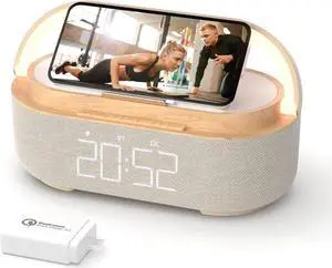 JAENFONG Bluetooth Speaker with Digital Alarm Clock, Wireless Charger, FM Clock Radio, Adjustable LED Night Light, Dual Wireless Speakers,2500mAh Battery for Bedroom,Home, Adaptor (Wooden)