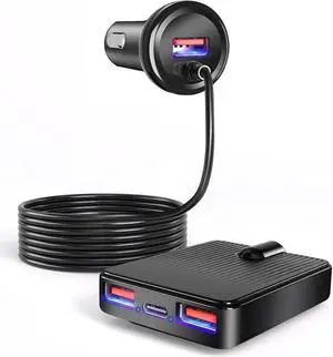 JAENFONG USB C Car Charger, 74W Fast Car Phone Charger PD & QC 3.0 Car Charger with 6.5ft Cable for Back Seat Charging, 4 Multi Ports Cigarette Lighter Adapter Car Charger for Smartphones, Tablet PC..