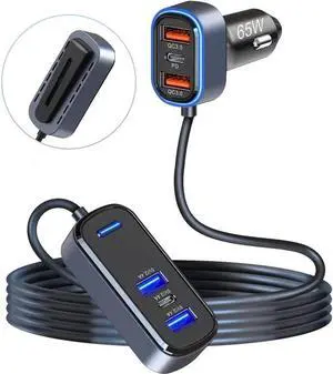 JAENFONG 6 Multi Ports USB Car Charger, 65W QC3.0 Power PD Fast Car Charger Adapter, Type C Cigarette Lighter Charger for Cellphone Charging with 5FT Extension Cable & Back Clip Design