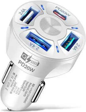JAENFONG 4-Port Fast USB Charging with QC 3.0 Car Charger, 35W USB Car Charger Cigarette Lighter Adaptor with Blue LED for IOS Android Smartphones White
