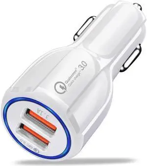 JAENFONG Fast Charge USB Car Charger, Dual Port USB 3.0 Mini Car Phone Charger, 30W/ 5A Fast Charging Cigarette Lighter Adapter,Compatiible with iPhone, Samsung and Android phones White