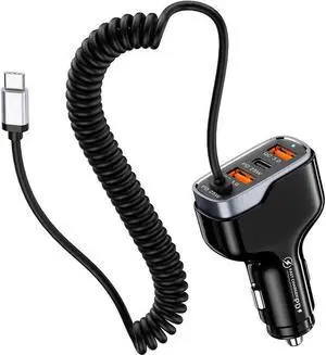 JAENFONG USB C Fast Car Charger 50W 4-Ports, Built-in 5.9FT Type C Cable, Dual Type C and Dual USB-A Ports Charger with PD25W/PPS25W&QC18W, Compatible with IOS Android Smartphones etc..