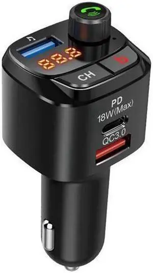 Bluetooth 5.0FM Transmitter for Car, QC3.0+Type-C PD 18W Wireless Bluetooth FM Radio Adapter Bass Sound Music Player FM Car Kit with Hands-free Calling and 3 USB Ports Charger Support USB Drive