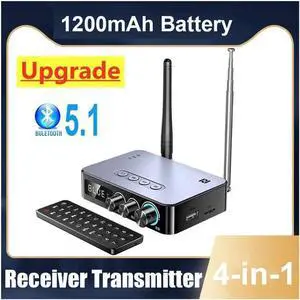 4-in-1 Bluetooth 5.1 Transmitter Receiver for TV Wireless Bluetooth Adapter with Optical AUX RCA 6.5 Mic Connection, Low Latency NFC Audio Adapter with FM Radio Simultaneously for Home PartyKTV