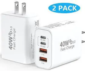 JAENFONG [2 PACK] USB C Wall Fast Charger Block, 40W 4-Port Type C Charger Fast Charging Blocks PD Power Charger Adapter + QC 3.0 USB Multiport Charger Brick for i-Phone, i-Pad, Android Smartphones