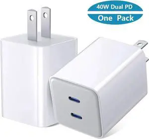 JAENFONG Dual USB C Fast Charger 40W, Dual 20W Type C Wall Charger Fast Charging Block USB-C Power Adapter Plug Wall Charger Block Compatible i-P-h-o-n-e 14/13/12, i-P-a-d Pro/Air/Mini etc - White