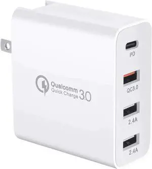 JAENFONG USB C Charger, 48W 4 Ports Fast Charging PD Wall Charger Quick Charge 3.0, Multi Port USB-C Travel Adapter for Samsung S10/S9/S8/Plus, iPhone Xs/Max/XR/iPhone11, Fully Compatible (White)