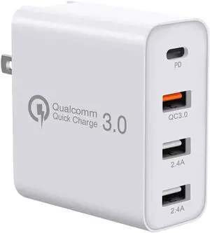 USB C Charger, 48W 4 Ports Fast Charging PD Wall Chargers Quick Charge 3.0, Multi Port USB-C Travel Adapter for SamsungS10/S9/S8/Plus, iPhone Xs/Max/XR/iPhone11, Mainstream Models, Fully Compatible