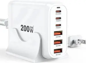 JAENFONG 200W USB C Charger Block Multiple Ports, GaN III USB Charging Station 6 Ports Charging Hub, Multi Port Charger for Laptop Mac-Book i-Pad i-Phone 15 Galaxy Go-og-le Pixel De-ll Air-Pods Switch