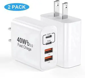 USB C Charger Block, [2 Pack] 40W 4 Ports Type C Charger Fast Charging Cubes PD+QC 3.0 Power Adapter Multiport Brick Type C Box Compatible for iPhone 16/15/14/13/12/11 Pro Max, Android Phones