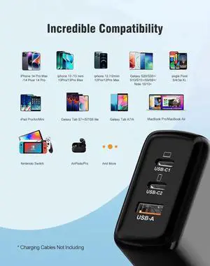 JAENFONG [2 Pack] USB C Charger Block, 65W 3 Port QC+PD3.0 GaN Power Adapter Type C Fast Charging Wall Plug for Mac-Book Pro/Air, i-Pad Pro, i-Phone 15 Pro Max/14/13/12, A-ir-P-ods Pro, Galaxy S23/S22