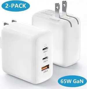 JAENFONG [2 Pack] USB C Charger Block, 65W 3 Port QC+PD3.0 GaN Power Adapter Type C Fast Charging Wall Plug for Mac-Book Pro/Air, i-Pad Pro, i-Phone 15 Pro Max/14/13/12, A-ir-P-ods Pro, Galaxy S23/S22