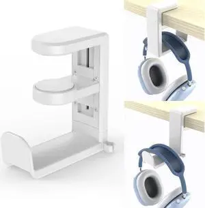 JAENFONG PC Gaming Headset Headphone Hook Holder Hanger Mount, Headphones Stand with Adjustable & Rotating Arm Clamp, Under Desk Design, Universal Fit, Built in Cable Clip(White)