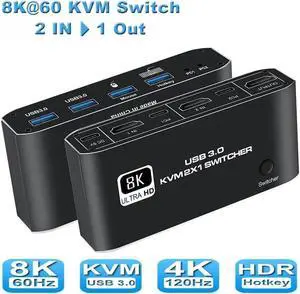 2 in 1 Out HDMI KVM Switch, 8K USB Switch 2x1 HDMI2.1 Ports + 4x USB3.0 KVM Ports, Share 2 Computers one Monitor Switch,Supports 8K @60Hz,4K @120Hz,YUV 4:4:4, HDCP 2.3, H-D-R 10, Hotkey, Darkis