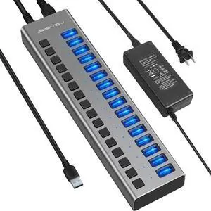 JAENFONG Powered USB Hub - 16 Ports 80W USB 3.0 Data Hub - with Individual On/Off Switches and 12V/6A Power Adapter USB Hub 3.0 Splitter for Laptop, PC, Computer, Mobile HDD, Flash Drive and More