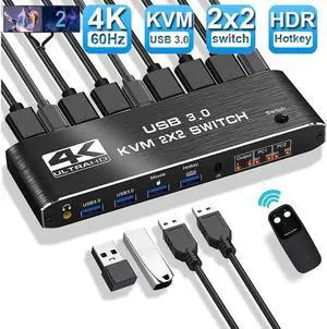 2 Port HDMI KVM Switch 2 Monitors 2 Computers 4K @60Hz, Dual Monitor HDMI KVM Switch, USB 3.0 KVM Switch 2 in 2 Out with USB Cables, Support USB 3.0, HDCP2.2, Hotkey,Extended And Mirror Display 2 Port HDMI KVM Switch 2 Monitors 2 Computers 4K @60Hz, Dual Monitor HDMI KVM Switch, USB 3.0 KVM Switch 2 in 2 Out with USB Cables, Support USB 3.0, HDCP2.2, Hotkey,Extended And Mirror Display