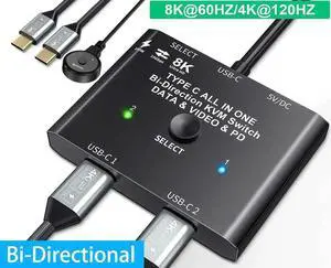 2 Ports USB C Switch, Bi-Directional [2 in 1 out/1 in 2 Out] USB C Switcher 2 Computers, USB Type C KVM Switch 8K@60Hz 4K@120Hz Video/10Gbps Data Transfer/100W Charging, 2 USB-C Cables Included