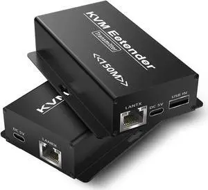 JAENFONG492FT HDMI KVM USB Extender Kit, 1080P HDMI Ethernet Extender Balun Transmitter Receiver Over Cat 5e/6/7 Cable with Loopout Function-USB Keyboard Mouse, 150M lossless Transmission KVM Extender