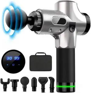 JAENFONG Massage Gun Muscle Massager Deep Tissue Percussion Massager Cordless 30 Speed Level Professional Handheld Electric Body Massager Sports Drill with 6 Heads Helps Relieve Muscle Soreness Silver