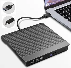 JAENFONG External CD DVD Drive, USB 3.0 Type C External CD/DVD Burner, Portable CD ROM Optical Drive Player Reader Disk Disc with Laptop Desktop PC Windows 11/10/8/7, MacOS, Linux