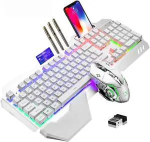 Wireless Gaming Keyboard and Mouse,Rainbow Backlit Rechargeable Keyboard Mouse with 3800mAh Battery Metal Panel,Removable Hand Rest Mechanical Feel Keyboard and 7 Color Gaming Mute Mouse for PC