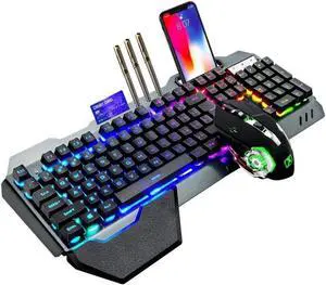Wireless Gaming Keyboard and Mouse,Rainbow Backlit Rechargeable Keyboard Mouse with 3800mAh Battery Metal Panel,Removable Hand Rest Mechanical Feel Keyboard and 7 Color Gaming Mute Mouse for PC