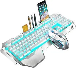 Wireless Gaming Keyboard and Mouse,Rainbow Backlit Rechargeable Keyboard Mouse with 3800mAh Battery Metal Panel,Removable Hand Rest Mechanical Feel Keyboard and 7 Color Gaming Mute Mouse for PC