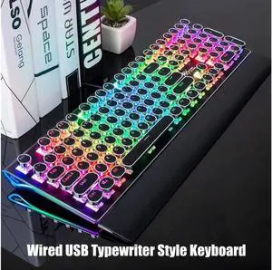 JAENFONG Typewriter Style Mechanical Gaming Keyboard with True RGB Backlit Collapsible Wrist Rest 108-Key Blue Switch Retro Round Keycap, Black