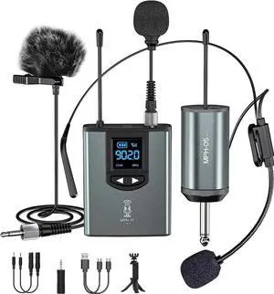 Wireless Microphone System Headset Mic/Stand Mic/Lavalier Lapel Mic with Rechargeable Bodypack Transmitter & Receiver1/4" Output for iPhone,PA Speaker,DSLR Camera,Recording,Teaching,Church,Vlog