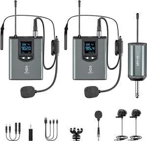 Wireless Lavalier/Headset Microphone System Dual Bodypack Transmitters&Receiver Wireless Mic Set Rechargeable for iPhone,PA Speaker,DSLR Camera,YouTube,Video Recording,Teaching,Church,Interview