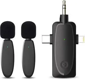 JAENFONG 3 in 1 Mini Microphone Wireless Lavalier Microphones for iPhone, Android and Camera- 2.4G Cordless Double Mics with Noise Reduction-Professional Video Recording Lav Mic for Interview, Vlog