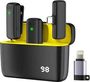 JAENFONG Professional Wireless Lavalier Microphone,for iPhone iPad Android with Charging case,for Video Recording,Interview,Automatic Noise Reduction - 2-in-1