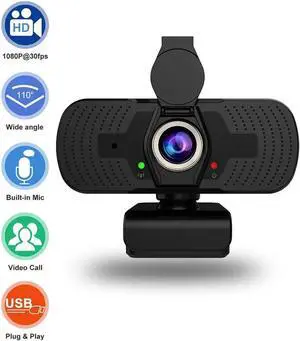 Webcam with Microphone Privacy Cover, 1080P HD Streaming Web Camera for PC, Laptop, Desktop, Plug and Play USB Computer Video Web Cam for Calling Conferencing Recording Zoom, Skype, YouTube