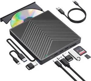 8 in 1 External CD DVD Drive, CD Burner DVD Player USB 3.0 with 4 USB Port and 2 SD/TF Card Reader, USB-C CD/DVD-ROM +/-RW Disk Drive Adapter Writer for Laptop PC Windows 11/10/8/7 Linux MacOS