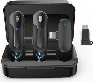 JAENFONG Wireless Lavalier Microphone, 2 Pack Mini Clip on Microphones for iPhone, iPad and Android - 2.4G Dual Channel Lav Lapel Mics with Charging Case for Video Recording, Interview and Vlog