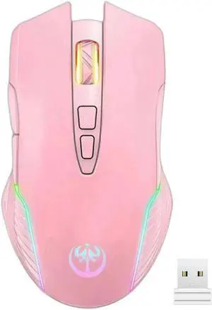 JAENFONG RGB Wireless Gaming Mouse, Rechargeable Computer Mice with 5 Adjustable DPI Up to 3600, Ergonomic Laptop PC Mouse with 7 Buttons (Not Programmable) Compatible with Windows MAC Linux Pink