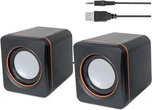 JAENFONG USB Powered Stereo Speaker System - Small Size - with Volume Control & 3.5 mm Aux Audio Plug to Connect to Laptop, Notebook, Desktop, Computer - 3 Yr Mfg Warranty - Black Orange, 161435