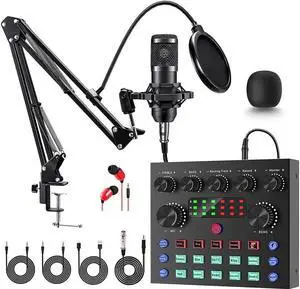 Podcast Equipment Bundle, BM-800 Mic Kit with Live Sound Card, Podcast Microphone Bundle with Studio Microphone, Recording Studio Equipment for Live Streaming, Broadcasting with Phone/PC/Laptop