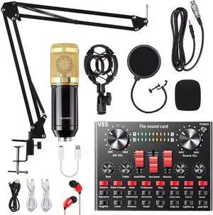 JAENFONG Podcast Equipment Bundle, BM800 Condenser Microphone Bundle with Live Sound Card, Adjustable Mic Stand, Metal Shock Mount and Double-Layer Pop Filter for Studio Recording (AL-V8S)