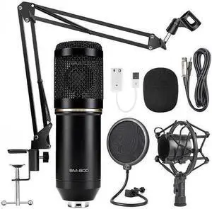 JAENFONG Condenser Microphone Bundle, BM-800 Mic Kit with Adjustable Mic Suspension Scissor Arm, Metal Shock Mount and Double-Layer Pop Filter for Studio Recording & Broadcasting (Black)