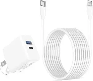 JAENFONG 20W Dual Port Fast Charger for iPad 9th 8th 7th 6th 5th Generation 10.2 inch, iPad Air 3/2, iPad mini 5/4/3, Foldable Wall Charger with 10ft USB-C to Lightning Fast Charging Cable