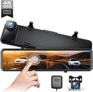 JAENFONG 4K Mirror Dash Cam GPS Full Touch Screen 12" Voice Control Dash Camera Waterproof Reverse Rear View Camera Night Vision Parking Assistant Support Max 128G