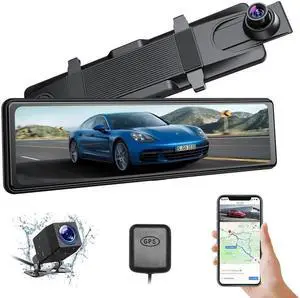 JAENFONG 12 Mirror Dash Cam 4K+1080P Dual Camera with GPS WiFi Car Camera Driving Recorder with Touch Screen Voice Control Parking Monitor G-sensor Lock Parking Assist Waterproof Rear Camera