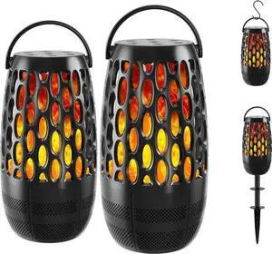 JAENFONG 2 Packs 10W Outdoor Speakers Bluetooth Waterproof, Bluetooth 5.3 Speaker Bluetooth Outdoor, Sync up to 100 Outdoor Speaker with Stake & Hook, Flame Lamp for Party, Gifts for Men Women