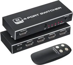 JAENFONG 8K HDMI 2.1 switch 4 in 1 out with IR remote control, HDMI 2.1 switch 4 ports 8K@60Hz 4K@120Hz 4 in 1 out HDMI hub 3D 1080P HDCP2.3 CEC for Xbox PS5 Blu-ray player projector monitor